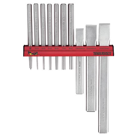 TENG 10PCE PUNCH & CHISEL SET W/ WALL RACK