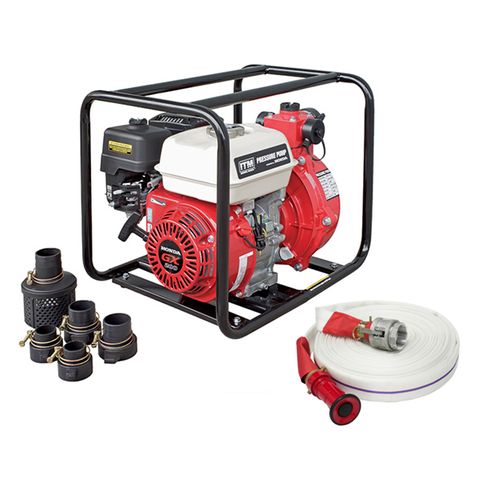 ITM WATER PRESSURE PUMP KIT, 6.5HP GX200 HONDA 50MM 21,000 L/H, PLUS 30M FIRE FIGHTING HOSE