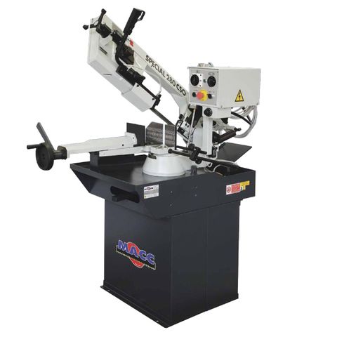 MACC BANDSAW, 220MM CAP,  SWIVEL HEAD, RH MITRE, 240V 1PH, HYD DOWNFEED (INC STAND IN SEPARATE BOX)