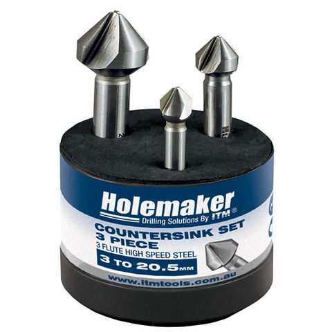 HOLEMAKER COUNTERSINK SET, 3 PIECE, 3 FLUTE 90 DEGREE, 8.4MM, 12.4MM, 20.5MM