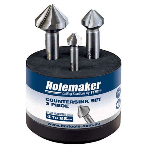 HOLEMAKER COUNTERSINK SET, 3 PIECE, 3 FLUTE 90 DEGREE, 10.4MM, 16.5MM, 25.0MM