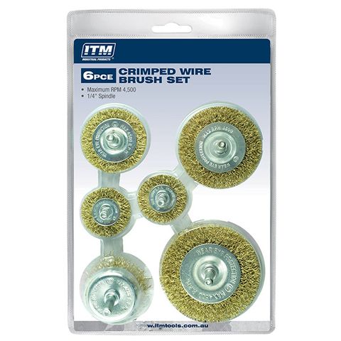 ITM CRIMP WIRE WHEEL BRUSH KIT 6PCE INCLUDES: 40MM X 2, 50MM, 63MM, 75MM AND 50MM CUP BRUSH