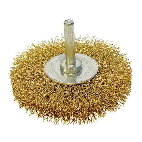 ITM CRIMP WIRE WHEEL BRUSH BRASS HIGH SPEED 75MM X 18MM, 1/4 ROUND SHANK -  TM7014-275 - ITM Industrial Products