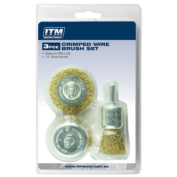 ITM CRIMP WIRE BRUSH KIT 3PCE INCLUDES: 50MM WHEEL BRUSH, 50MM CUP BRUSH  AND 25MM END BRUSH - TM7016-003 - ITM Industrial Products