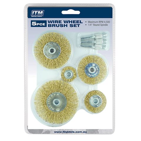 ITM CRIMP WIRE WHEEL BRUSH KIT 5PCE INCLUDES: 25MM 38MM 50MM 63MM AND 75MM + 3 ARBORS