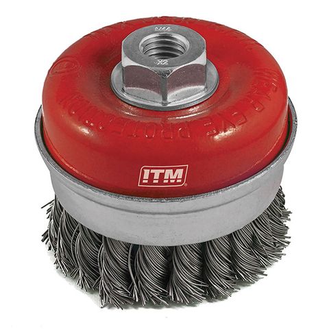 ITM TWIST KNOT CUP BRUSH STAINLESS STEEL 75MM WITH BAND, MULTI THREAD