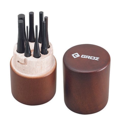PP/8/WD/ST GROZ PIN PUNCH SET, IN ROUND WOODEN CASE, 100MM OAL, 8 PCE
