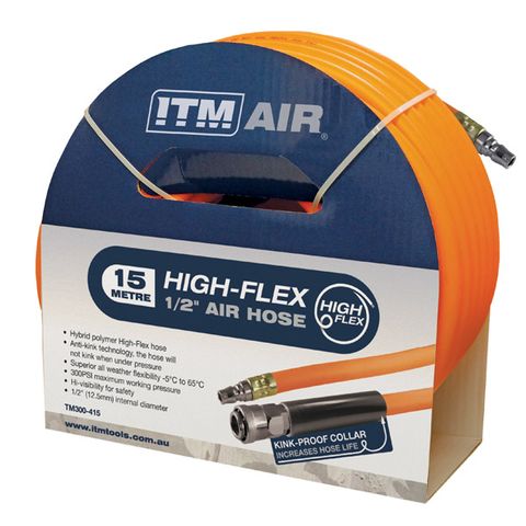 ITM AIR HOSE, 12.5MM (1/2") X 15M HYBRID POLYMER AIR HOSE, COMES WITH NITTO STYLE FITTINGS