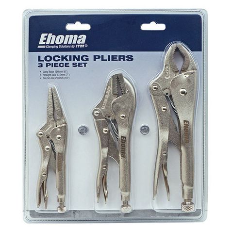 EHOMA 3 PIECE LOCKING PLIER SET, ROUND JAW 250MM, STRAIGHT JAW 175MM & LONG NOSE 150MM