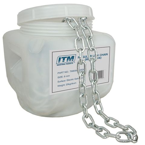 ITM REGULAR LINK CHAIN, GALVANISED, 25KG DRUM, 5MM BODY