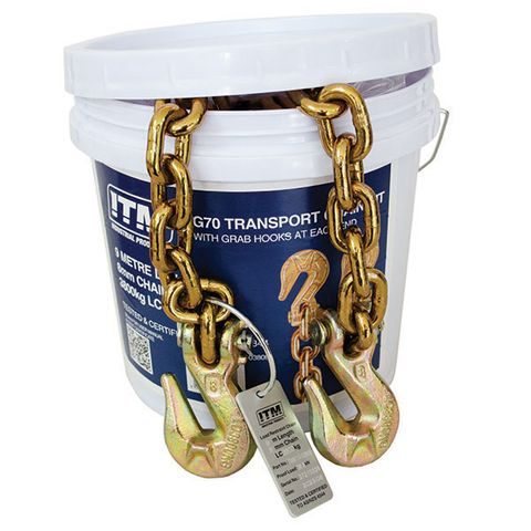 ITM G70 TRANSPORT CHAIN WITH GRAB HOOKS AT EACH END, 3.8 TONNE LASHING CAPACITY, 9M LENGTH