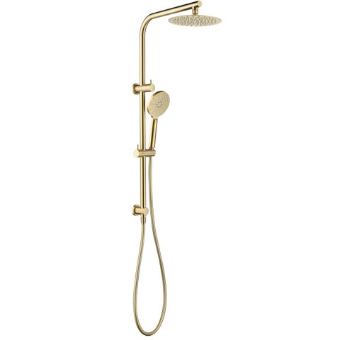 Pavia 200mm Brushed Gold Twin Shower On Rail Top Inlet Round