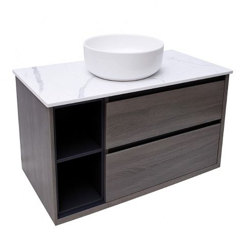 Maximo 900mm Amazon Grey Wall Hung Vanity with Mont Blanc Top 10TH Left Shelf