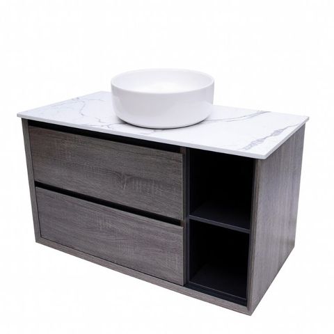 Maximo 900mm Amazon Grey Wall Hung Vanity with Mont Blanc Top 10TH Right Shelf