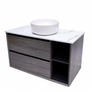 Maximo 900mm Amazon Grey Wall Hung Vanity with Mont Blanc Top 10TH Right Shelf