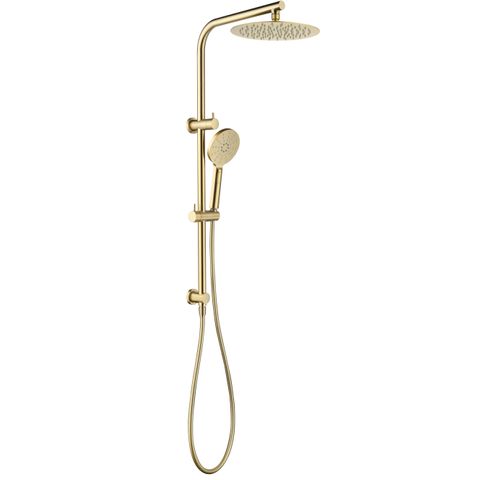 Pavia 250mm Brushed Gold Twin Shower On Rail Top Inlet Round