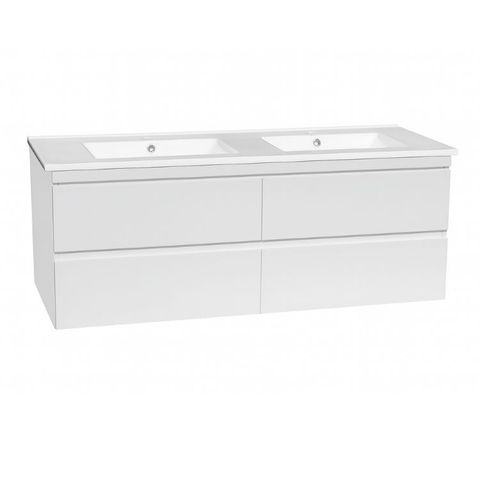 Dover 1200mm Gloss White Wall Hung Vanity with Ceramic Top Double Bowl