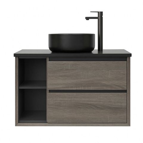 Maximo 750mm Amazon Grey Wall Hung Vanity with Empire Black Top 10TH Left Shelf