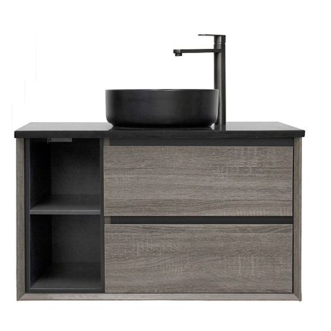 Maximo 900mm Amazon Grey Wall Hung Vanity with Empire Black Top 10TH Left Shelf