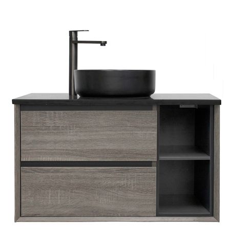 Maximo 900mm Amazon Grey Wall Hung Vanity with Empire Black Top 10TH Right Shelf