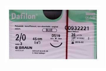 SUTURE DAFILON 2/0 19MM 45CM BL 3/8C RV