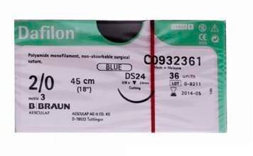 SUTURE DAFILON 2/0 24MM 45CM BL 3/8C RV