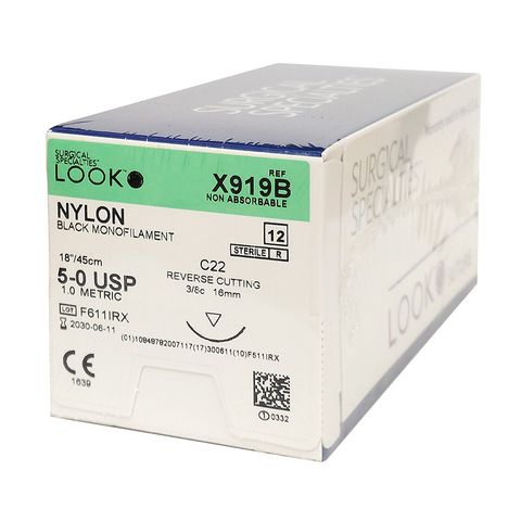 SUTURE NYLON 5/0 16MM 45CM BK 3/8C RV