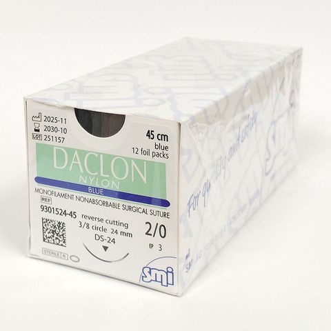 SUTURE DACLON 2/0 24MM 45CM BL 3/8C RV