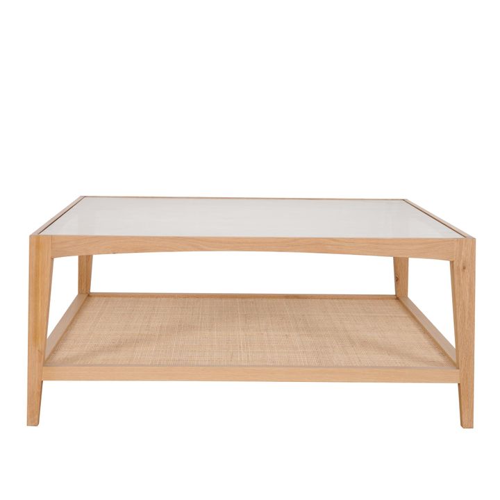 Mila Natural Oak Coffee Table With Rattan Base And Glass Top 100Cm