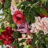 Floral Runner With Pink, Purple, Beige & Red Roses & Peonies and green leaves