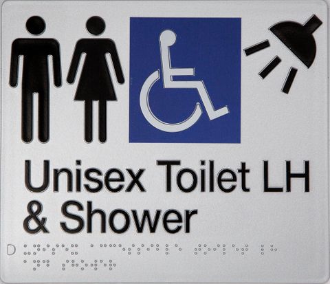 TSM BRAILLE FEMLE/MLE/DISABLED TOILET + SHOWR LH SIGN SILVER