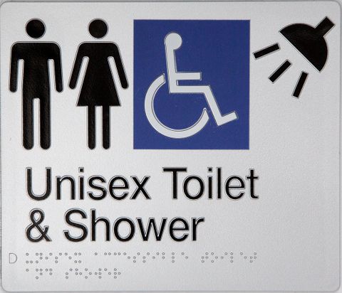 TSM BRAILLE FEMALE/MALE/DISABLED TOILET + SHOWER SIGN SILVER