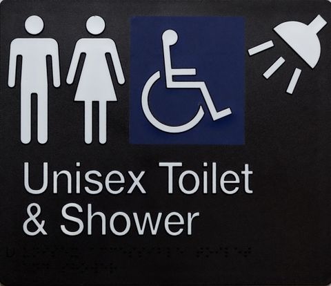 TSM BRAILLE FEMALE/MALE/DISABLED TOILET + SHOWER SIGN BLACK