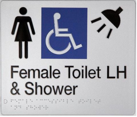 TSM BRAILLE FEMALE/DISABLED + SHOWER LH SIGN SILVER