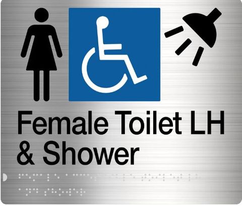 TSM BRAILLE FEMALE/DISABLED + SHOWER LH SIGN SS