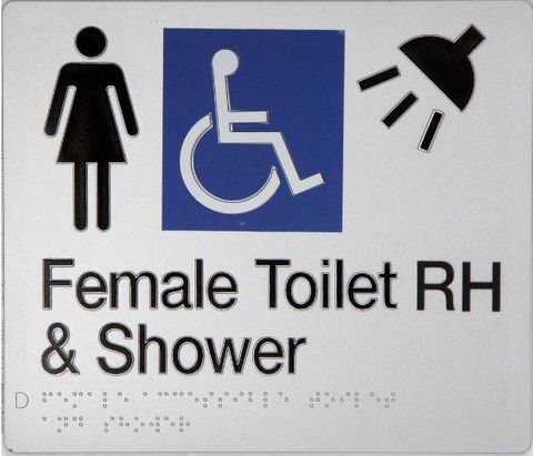 TSM BRAILLE FEMALE/DISABLED + SHOWER RH SIGN SILVER