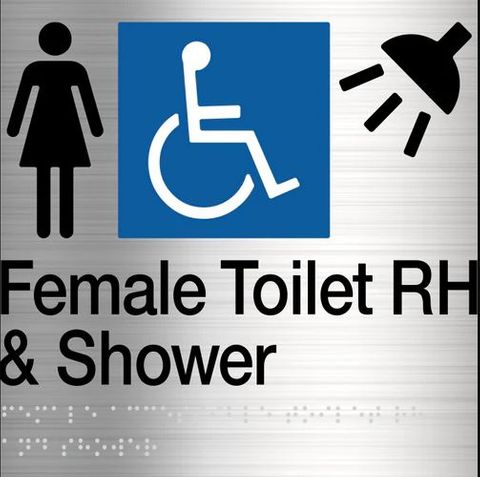 TSM BRAILLE FEMALE/DISABLED + SHOWER RH SIGN SS