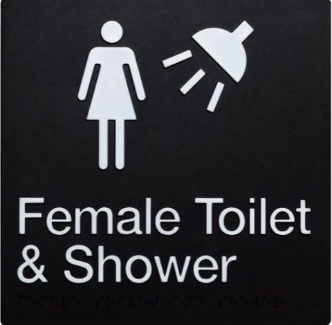 TSM BRAILLE FEMALE TOILET + SHOWER ROOM SIGN BLACK