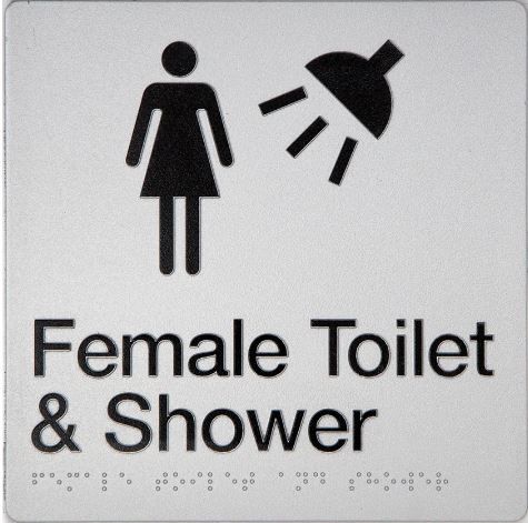 TSM BRAILLE FEMALE TOILET + SHOWER ROOM SIGN SILVER