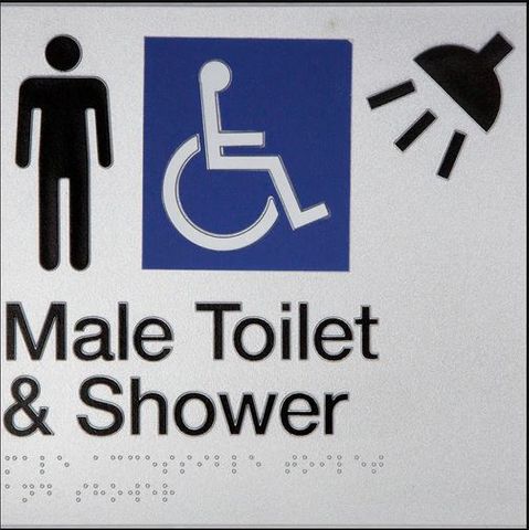 TSM BRAILLE MALE/DISABLED TOILET + SHOWER SIGN SILVER