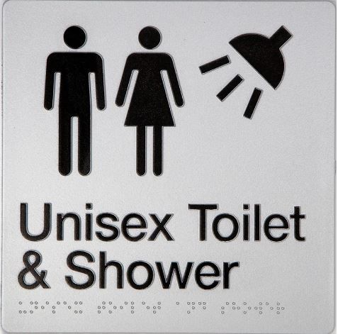 TSM BRAILLE MALE/FEMALE TOILET + SHOWER SIGN SILVER