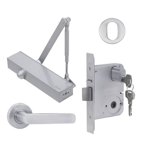 YALE KIT W/LOCK, ADJUST DOOR CLOSER & S3 LEVER SET & ESCUT