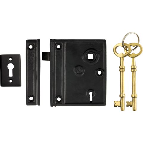 Tradco TRA2011 Rim Lock Matt Black H95xw80mm Backset 58mm