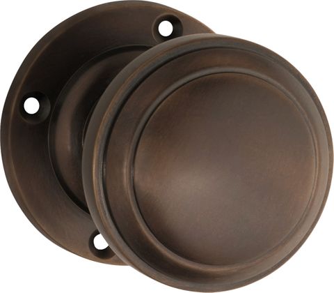 TRADCO DOOR KNOB MILTON ROUND ROSE PAIR ANTIQUE BRASS