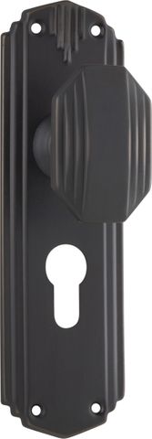 TRADCO DOOR KNOB NAPIER ART DECO EURO PAIR ANTIQUE COPPER