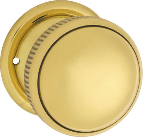 TRADCO DOOR KNOB MILLED EDGE ROUND ROSE PAIR POLISHED BRASS