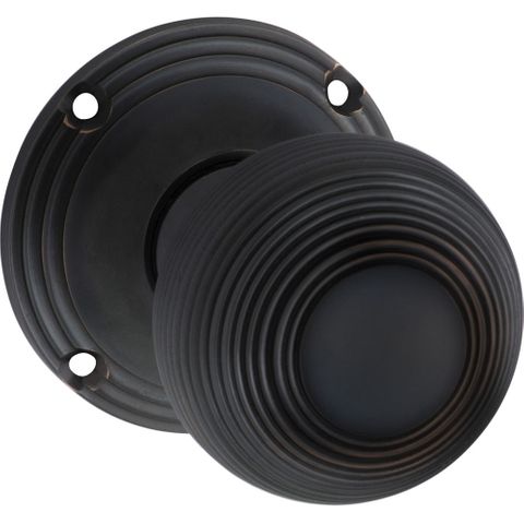 Tradco TRA1034 Door Knob Reeded Mortice Pair Antique Copper