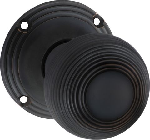 TRADCO DOOR KNOB REEDED MORTICE PAIR ANTIQUE COPPER