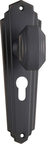 TRADCO DOOR KNOB ELWOOD ART DECO EURO PAIR ANTIQUE COPPER