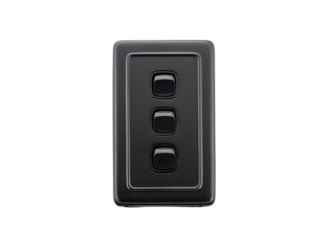 Tradco TRA5344 Switch Flat Plate Rocker 3 Gang Matt Black H115xw72mm